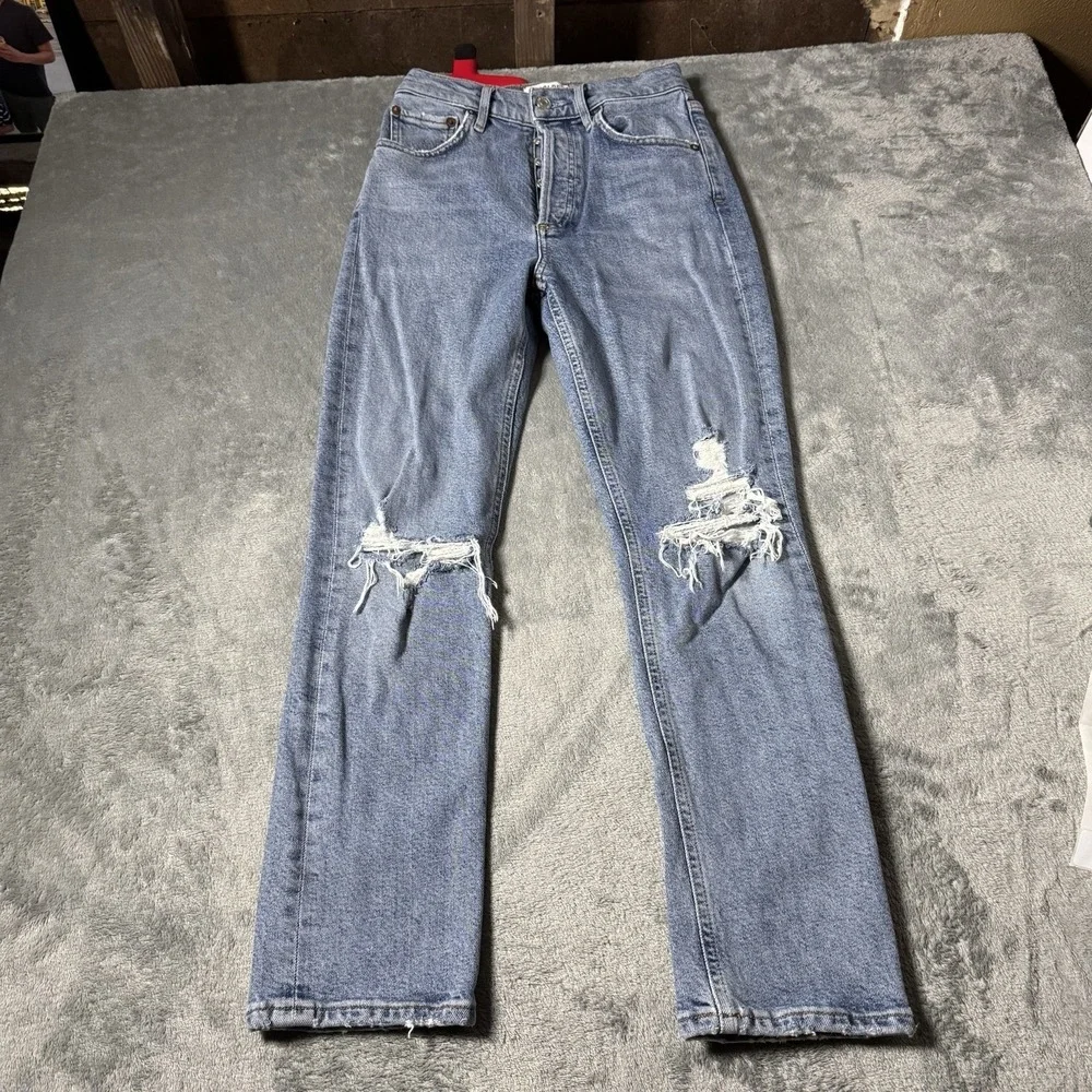 AGOLDE Riley High‎ Rise Straight Crop Blue jeans Distressed size 23 x 25